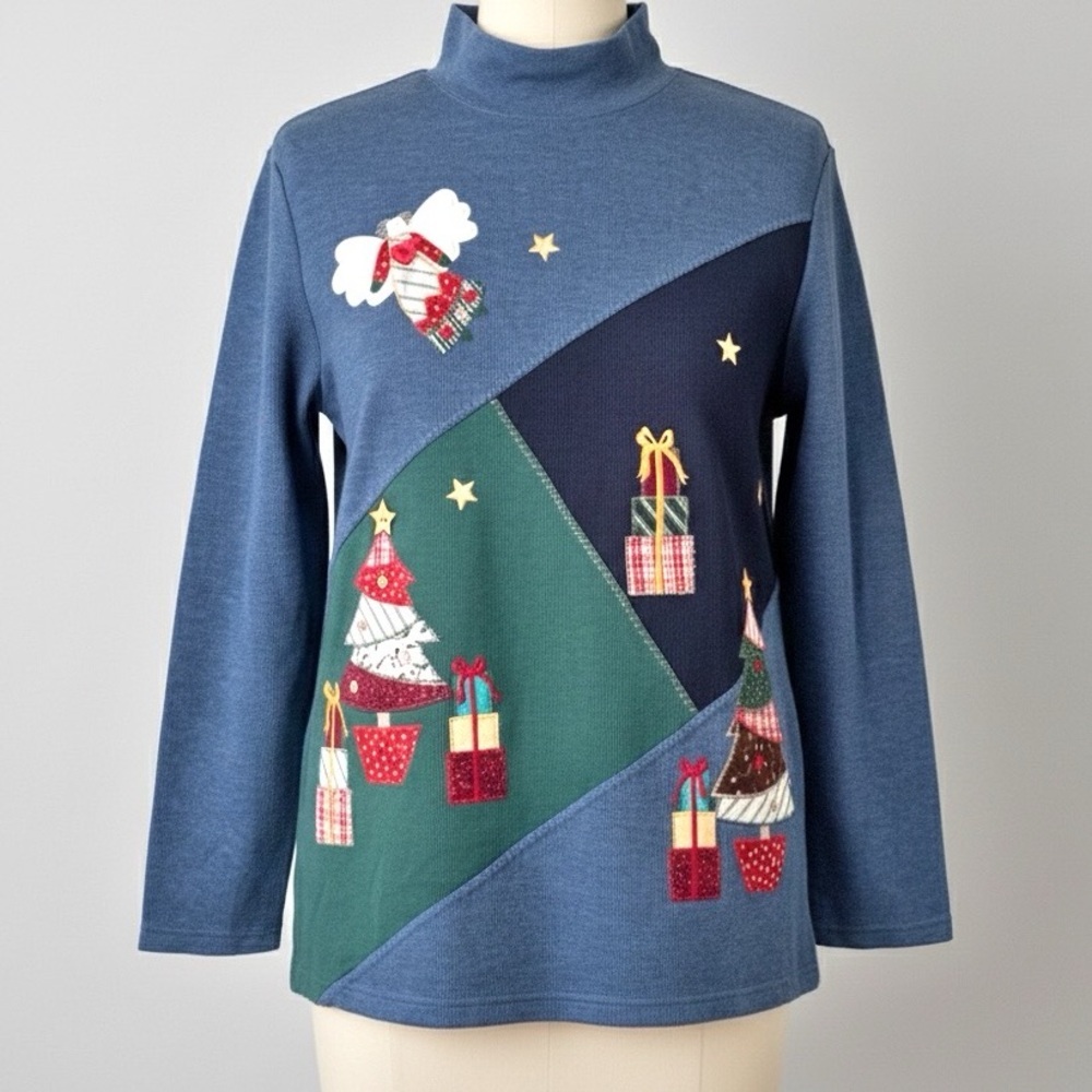 Karen Scott Vtg 90s Patchwork Holiday Angel Christmas Tree Sweatshirt Size M NWT